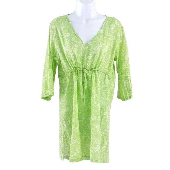 2/$15 Sealife Swim Coverup Dress Green Medium Beach Seashell Drawstring V Neck - Picture 1 of 6